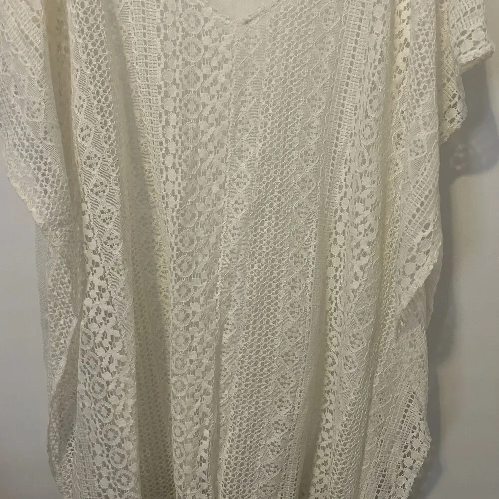 Express Kimono Poncho Lace Cover-Up Fringe Cream Womens OS Coastal Beach Boho